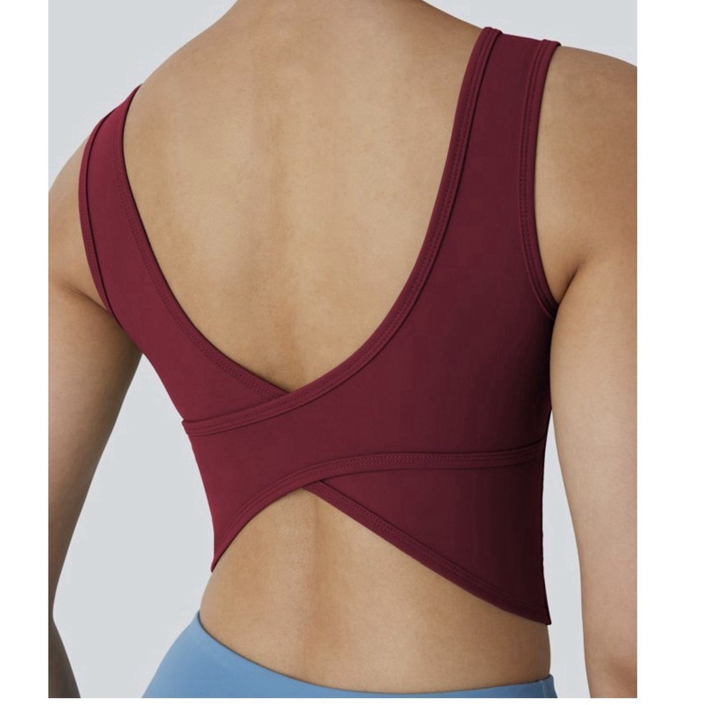 Halara Womens M U Neck Backless Crossover Tank Top Barre Ballet Dance Burgundy